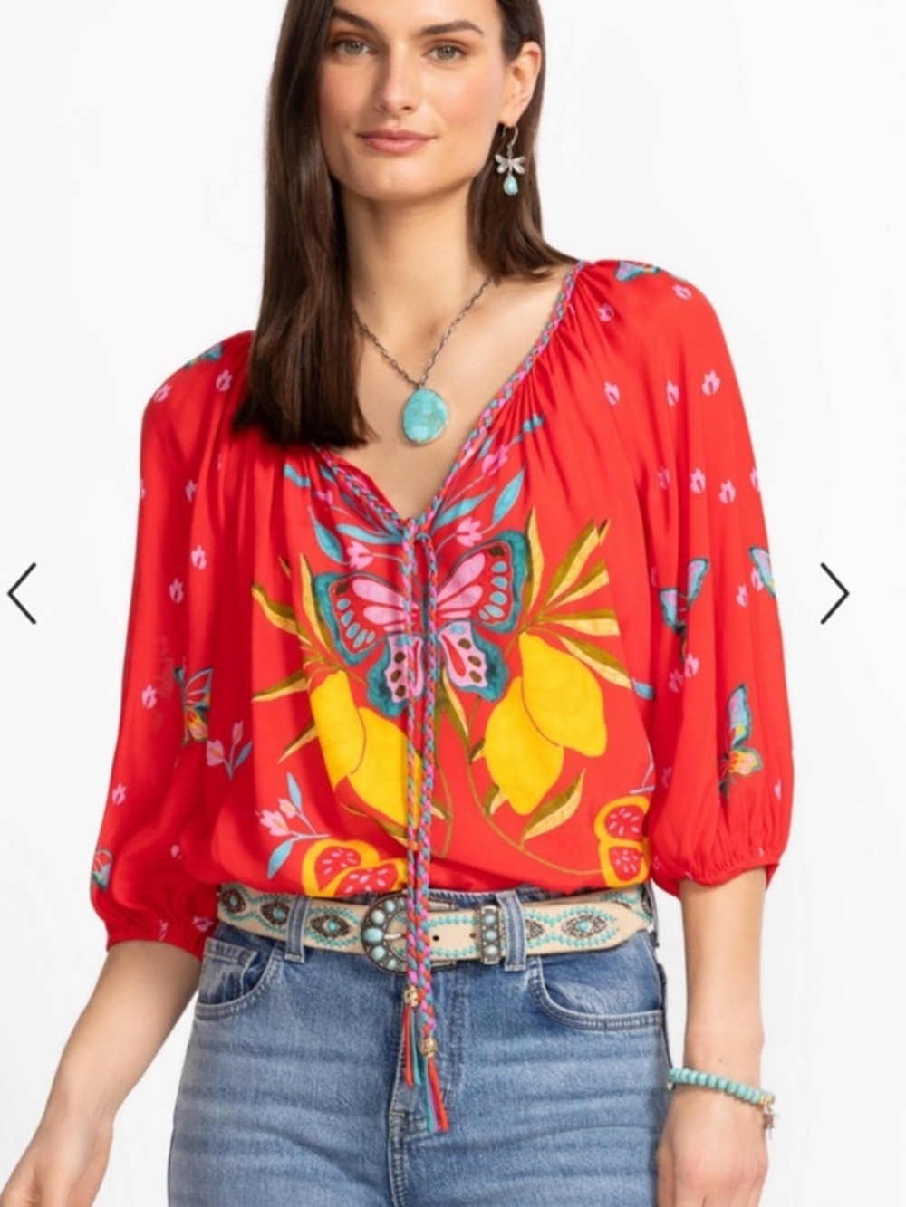 JOHNNY WAS. Women's Red Floral Butterfly and lemon Peasant Blouse!! M NWT!